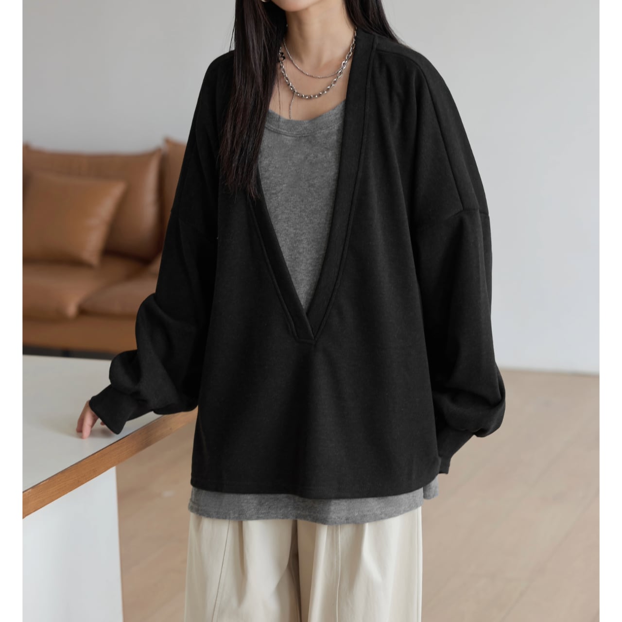 モードカジュアルVネックレイヤードプルオーバー PO3529