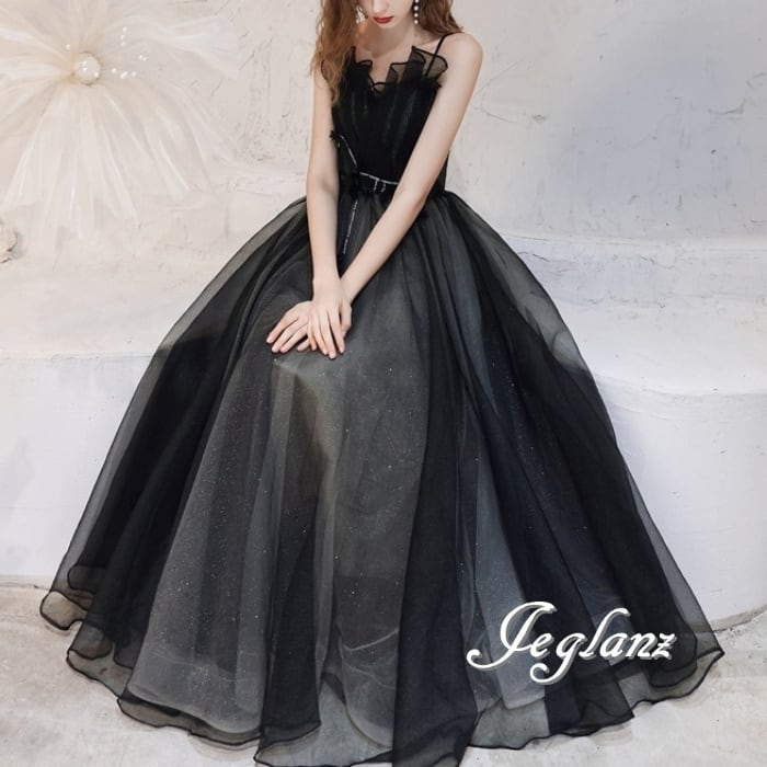 イブニングドレス チュール 背中 編み上げ ラメ 細ストラップ 2色(M9187)ε