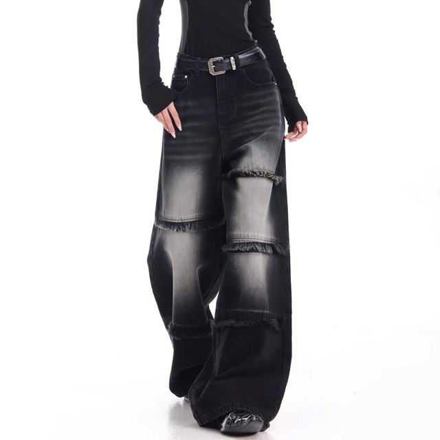 フリンジトリミングヴィンテージライクデニムパンツ 2col   R01867