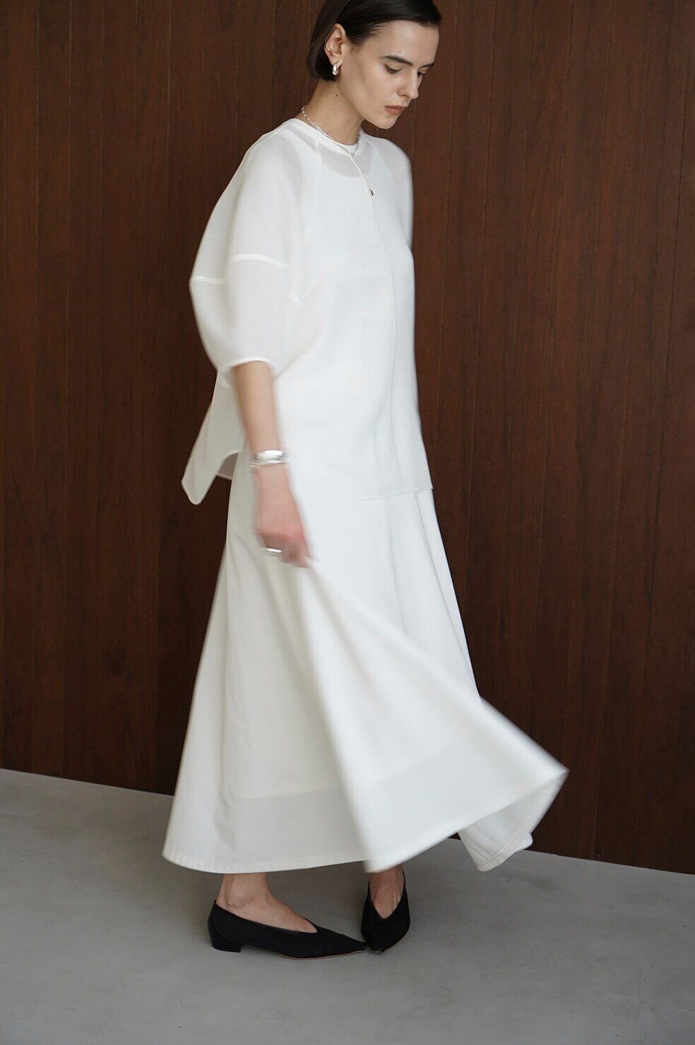 CLANE W FACE FRONT ZIP FLARE SKIRT ホワイト