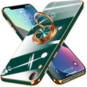 【人気】iPhone XR 用ケース リング付き メッキ加工 クリア TPU 耐衝撃 驚くほどの手触り 車載ホルダー対応 軽量 薄型 レンズ保護 マット感 人気 落下防止 アイフォン XR 用 スマホケース 緑 MD-6DDD-04-02