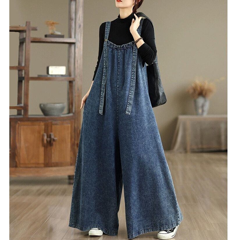 DENIM A-LINE WIDE LEG STRAP JUMPSUIT 1color M-14948