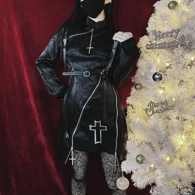 ゴスロリ通販 With U MIUBシリーズ ワンピ ZIPアップ 十字架 ストラップベルト付き 病み可愛い ゴスロリ 地雷系 バンギャ ストリート系 ゴスロリ服 病み服