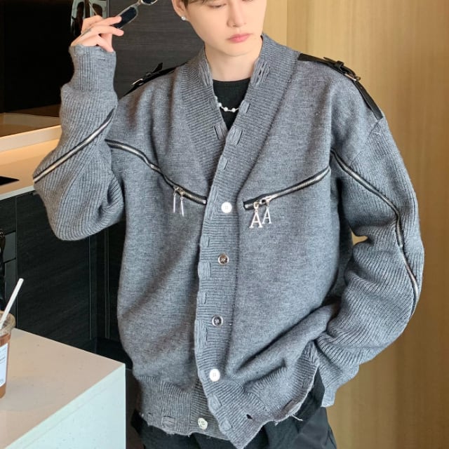 【予約販売】カーディガン ニット ジップ 個性的 セーター ダメージ加工 ベルト ブラック グレー オーバーサイズ メンズ シンプル こなれ感 ストリート お洒落 韓国 トレンド 秋冬 M/L/XL