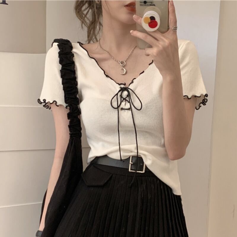 カラーニットセーター VネックTシャツ スプリングサマー レース 春物 夏物 レースアップ YY-ファッション72382320010