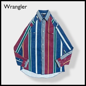 【Wrangler】マルチストライプ クレイジーパターン ウエスタンシャツ デニムシャツ コットンシャツ 長袖 切替 カジュアルシャツ フラップポケット マルチカラー X-LARGE ラングラー US古着