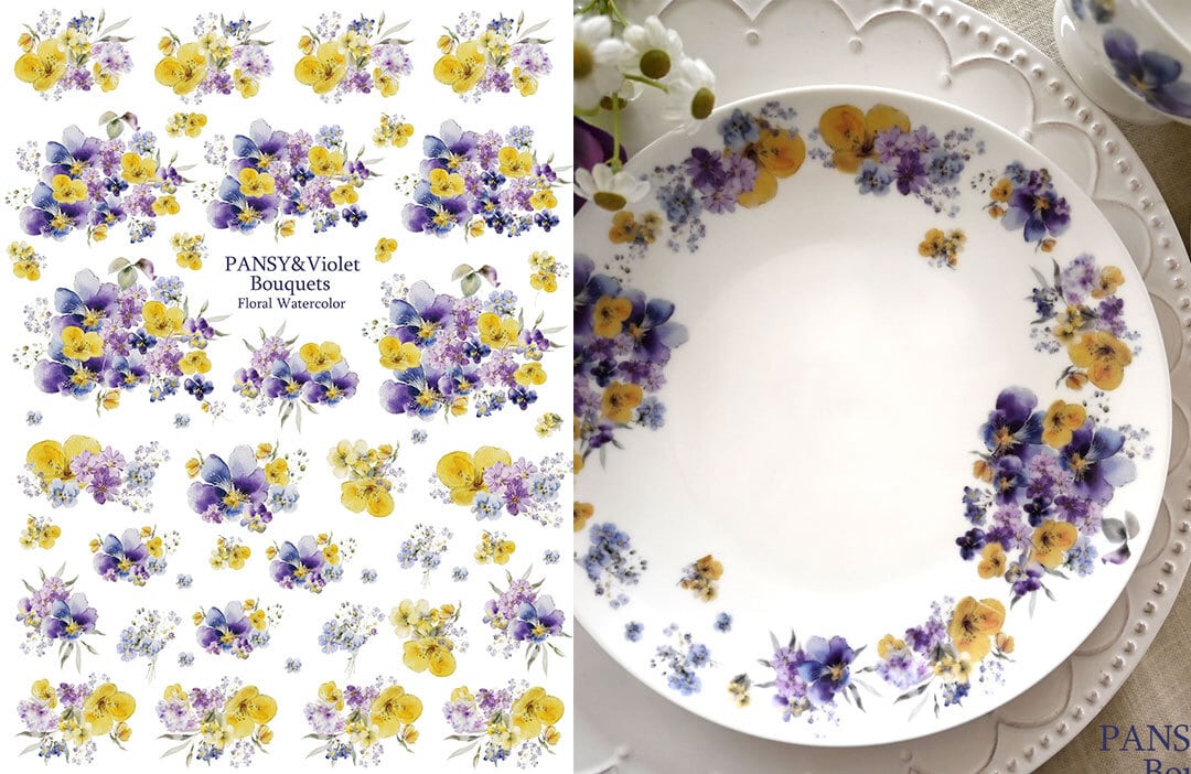 水彩PANSY&Violet bouquet パンジー&ビオラブーケ A4サイズ (ポーセリンアート用転写紙)