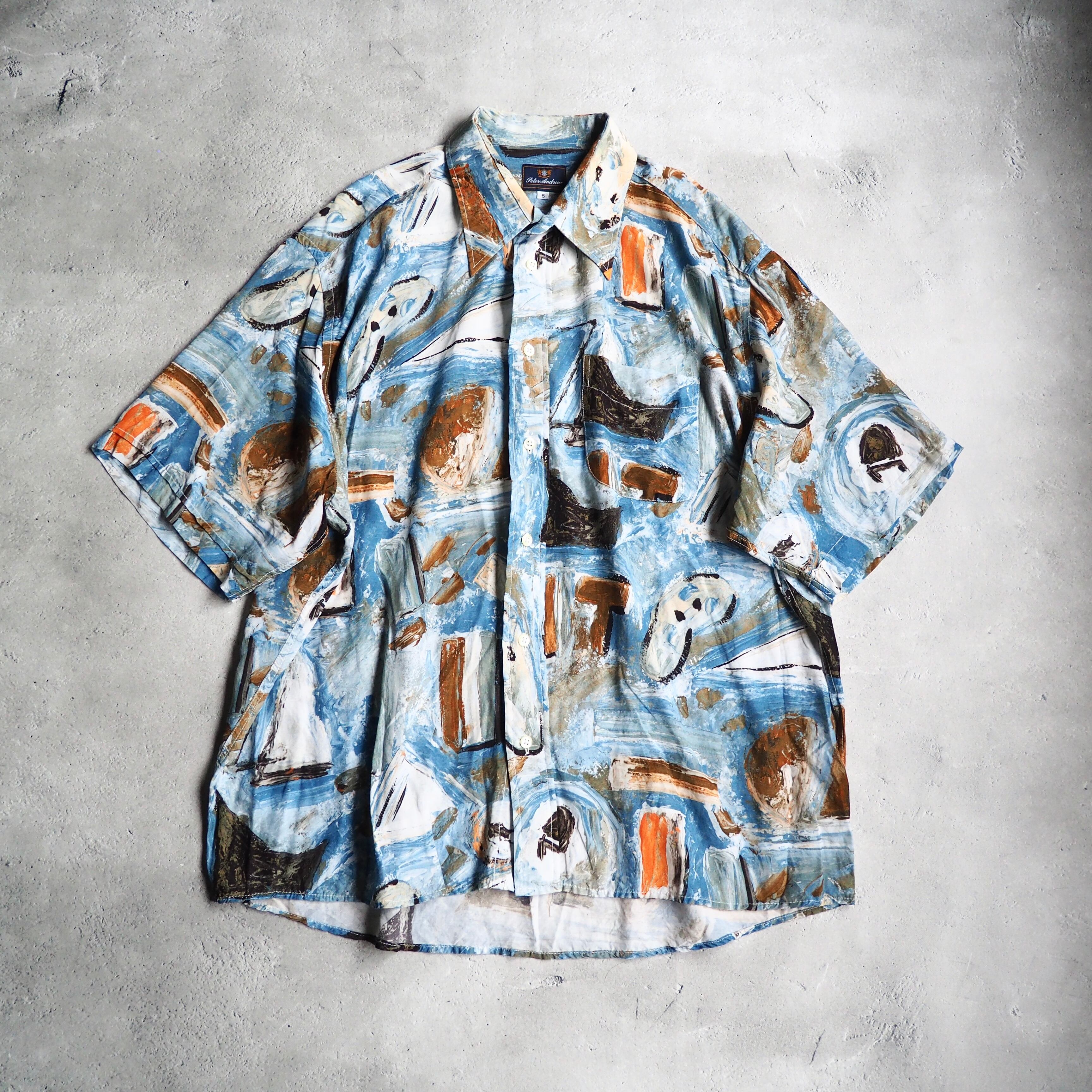 1970 - 80s Beautiful oil painted art vintage Drape loose SS rayon shirt