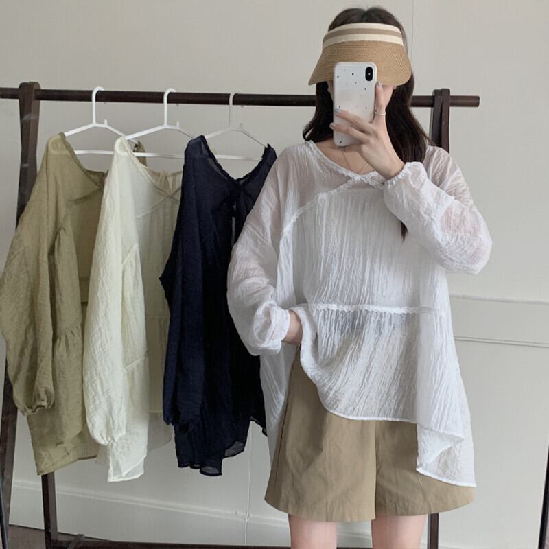 ルーズレース薄手シャツ サマートップス ロング 夏物 ガールズファッション76653383797