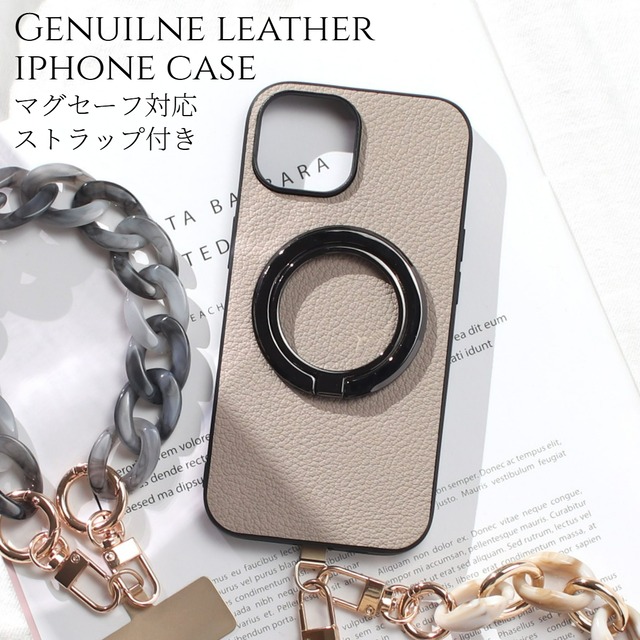 iphone ケース レザー リング付き iphone17 iphone16 iphone15 iphone14 MagSafe ショート ストラップ 本革 アイフォン 17 16 15 14 13 13mini magsafe対応 ゴートレザー マグセーフ 17e 16pro 15pro リング ブラック スリム ストラップ付き スタンド シンプル 送料無料