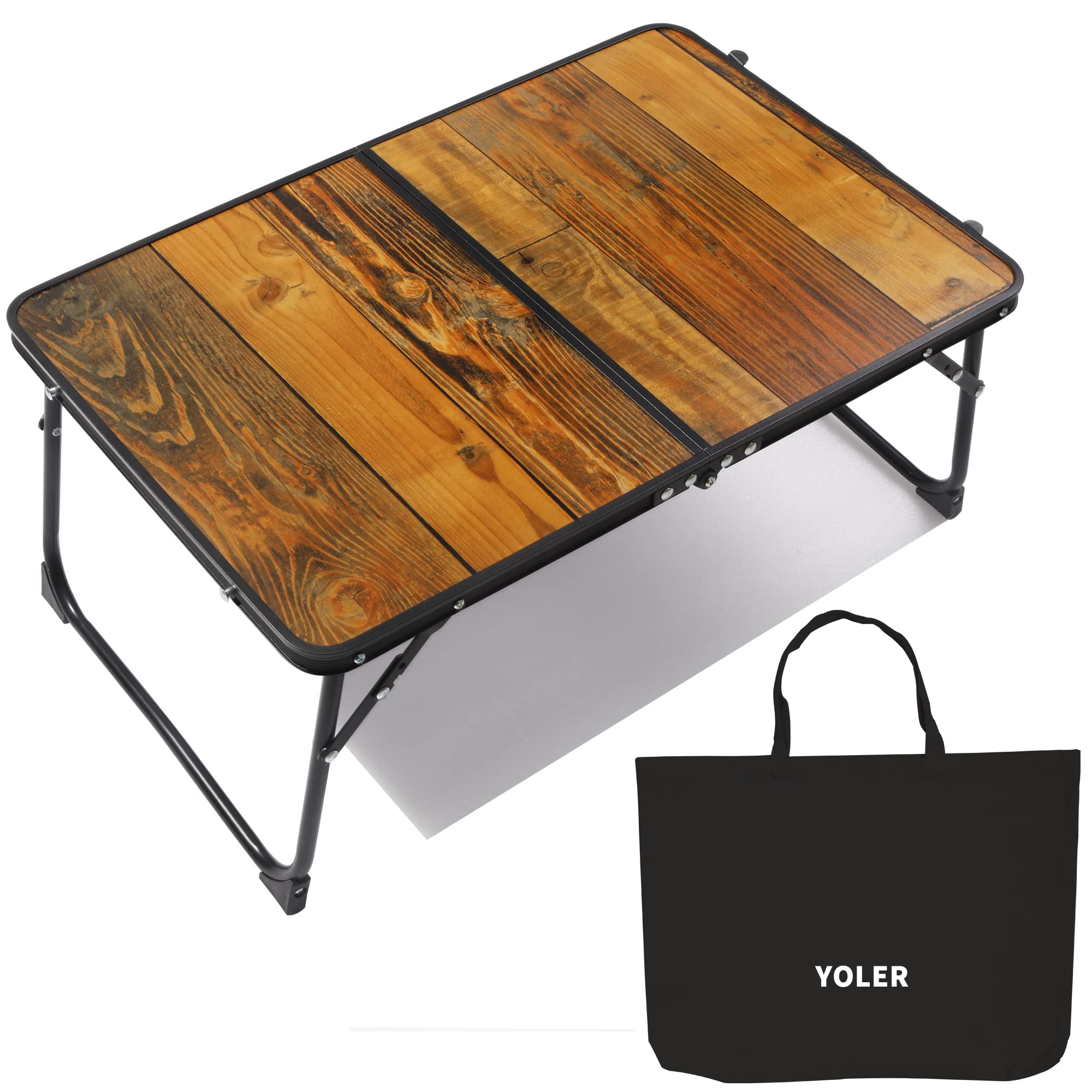 YOLER キャンプテーブル 折りたたみ テーブル アウトドア ピクニック ロータイプ アルミ 軽量 コンパクト 机 キャンバス収納袋付き レジャー ソロ キャンプ テント内 車中泊 運動会 行楽 bbq おしゃれ 61×41cm 木目