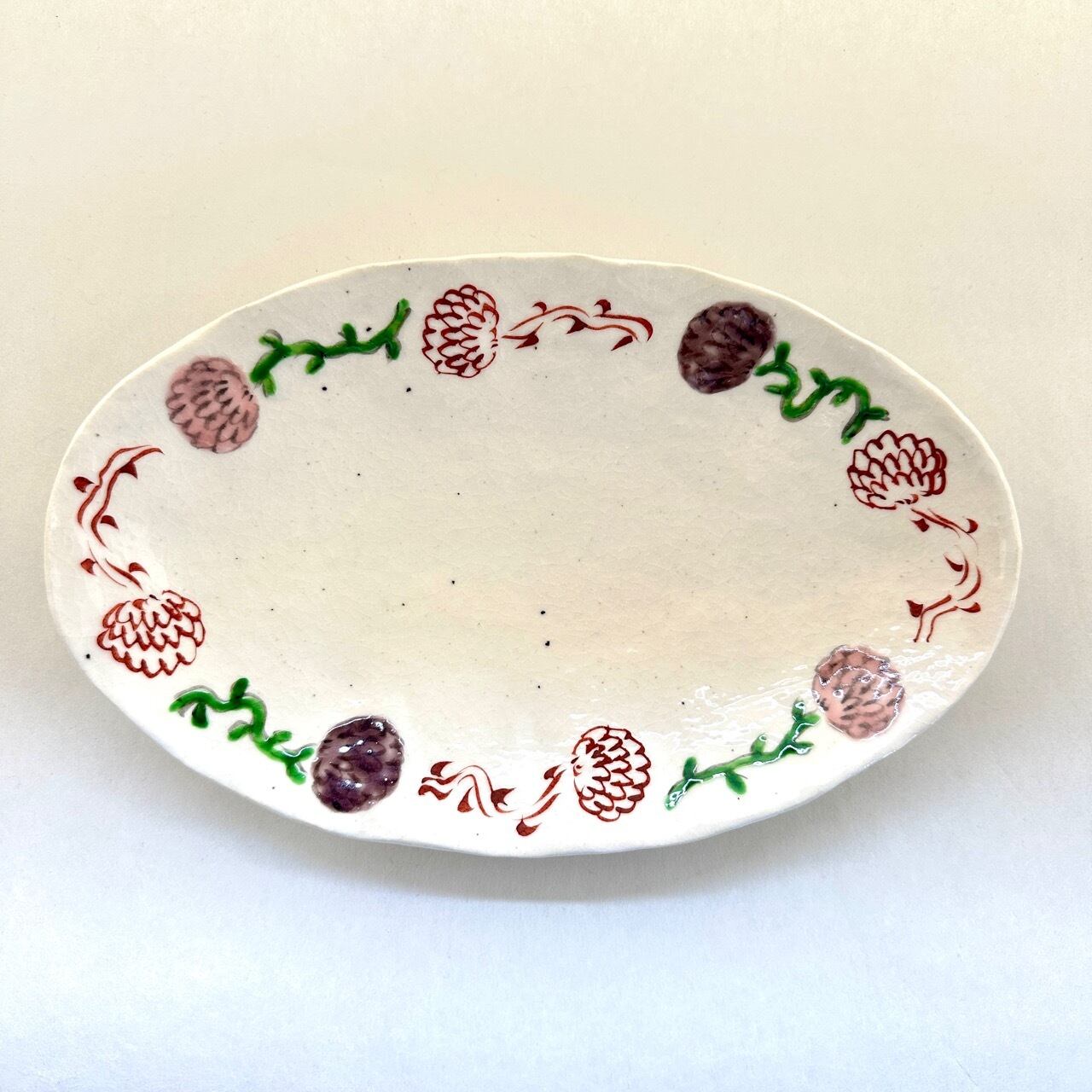 志野赤絵立花楕円皿(中)(ピンク、紫)【榛澤宏】