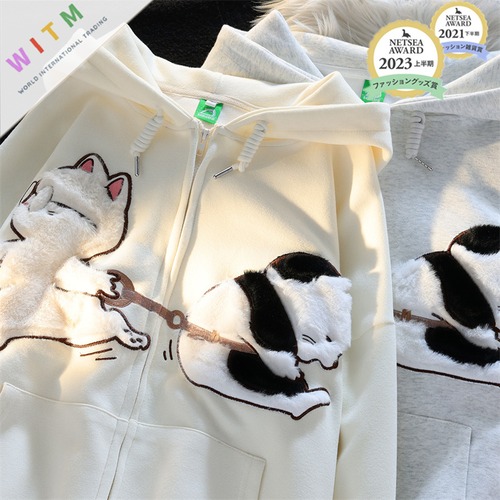 2025新作 猫柄 パーカー 長袖 刺繍 かわいい 体型カバー 着回しが利く レディース