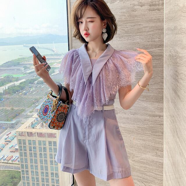 全2色 パープル/オレンジ レディース セットアップ ショートパンツ 半袖 レース 襟付き Vネック ベルト サイズ展開豊富 大きいサイズ S/M/L/XL/2XL/3XL