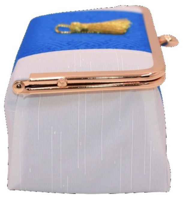 がま口 化粧 ポーチ ミラー付き (白×ブルー) 和柄 ジャガード 工房 手作り 日本製 エコパッケージ MX-0010-143