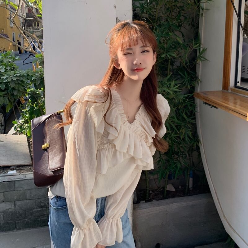 スプリングオータムVネックルーズシフォンシャツ ブラウス レディース ロング 春物 秋物 萌量不足26663639152