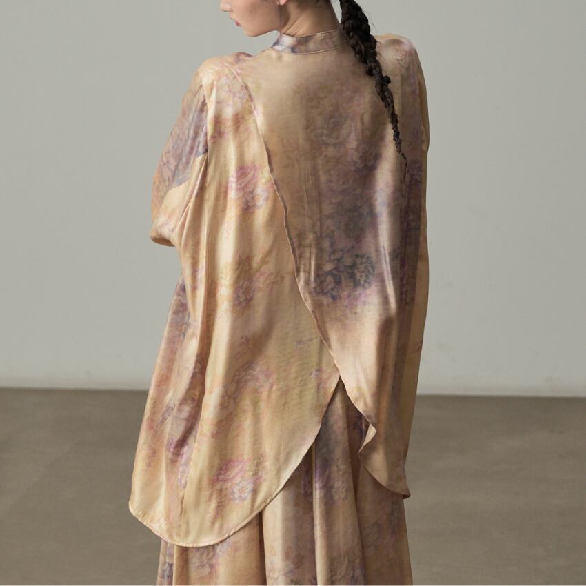 floral print band collar v-neck oversized blouse L0620