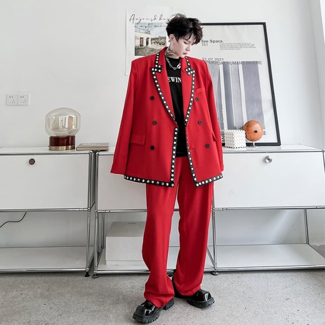 【予約販売】メンズ スーツ レッド ブラック パイピング バイカラー 派手 個性的 男前 ジャケット パンツ セット セットアップ パーティ パーティー 二次会 同窓会 結婚式 韓国 トレンド M/L/XL