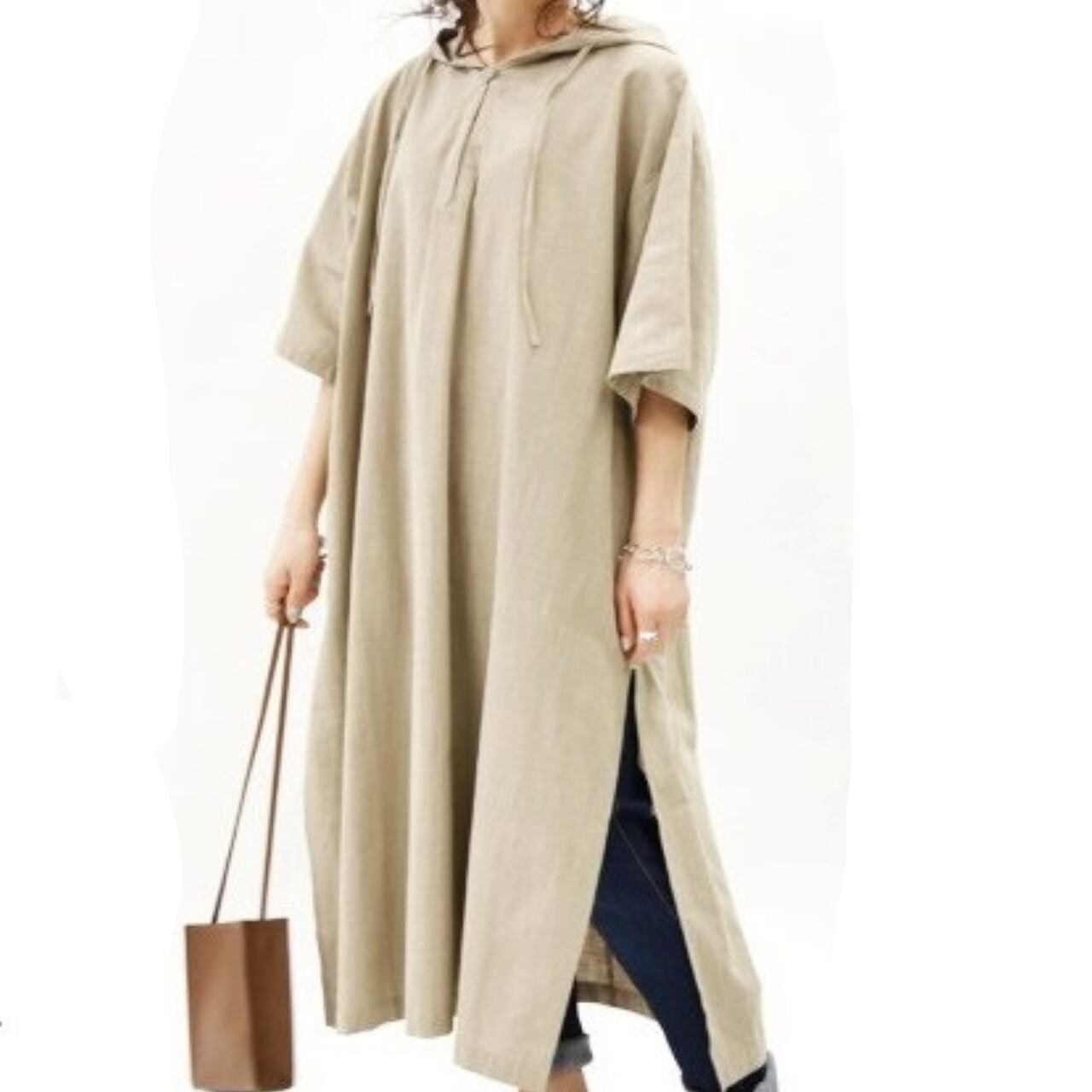 Tシャツワンピース 半袖 フード付き ロング丈 スリット カジュアル 無地 シンプル Hahimi Shop