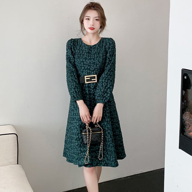 ワンピース ドレス レディース ひざ下丈 ミモレ丈 ニュアンス柄 おしゃれ ウエストベルト 丸襟 ボリュームスリーブ グリーン S/M/L/XL