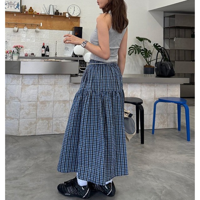 checkered pattern tiered long skirt　チェック柄ティアードロングスカート　J2072