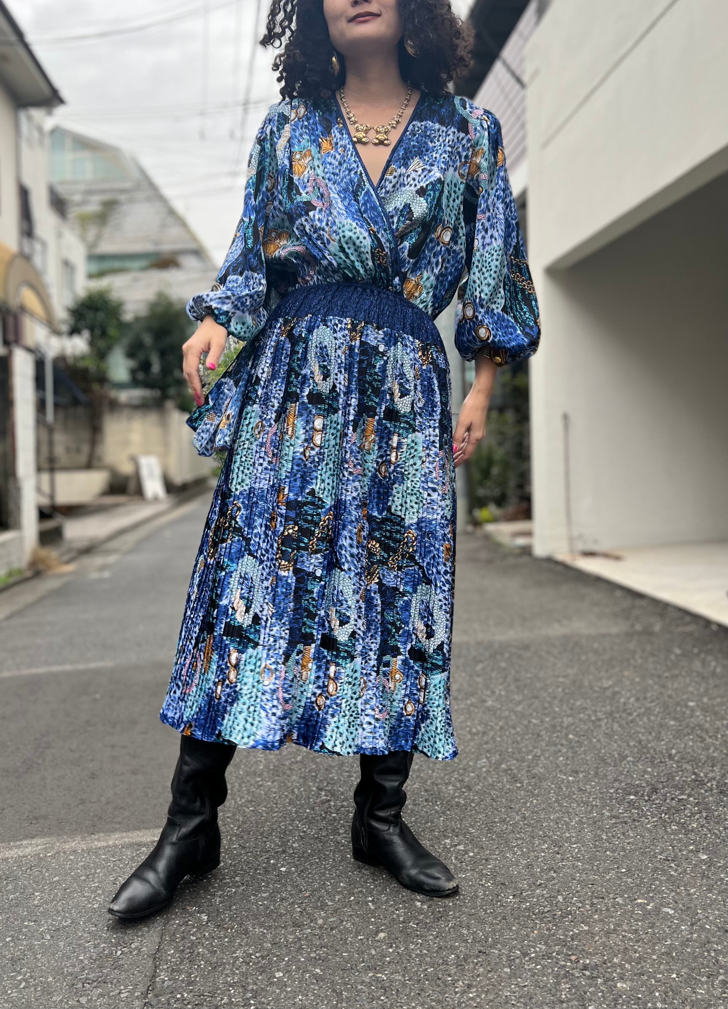 Diane freis blue × black jewelry print cache-coeur dress 