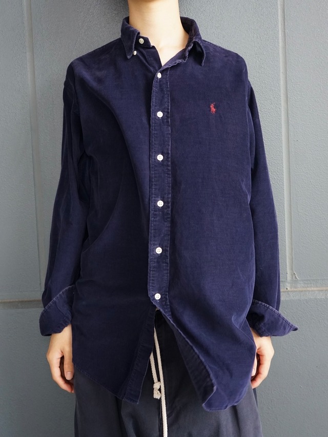 Ralph Lauren Classic Fit Navy Corduroy Orange Pony Logo Button Down Long Sleeve Shirt