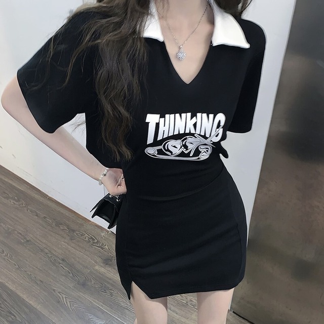 韓国カフェ　韓国ファッション　大人女性　プチプラ　文字グラフィック スリットヘム ボディコンドレス レディース　20代コーデ　30代コーデ