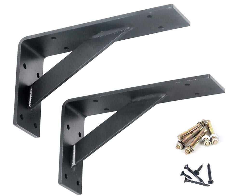 KKlewu アイアンブラケット 棚受け 金具 耐荷重150kg 厚さ5mm 大型棚 産業用 2個入れ (ブラック, 20㎝×10㎝×幅5㎝)