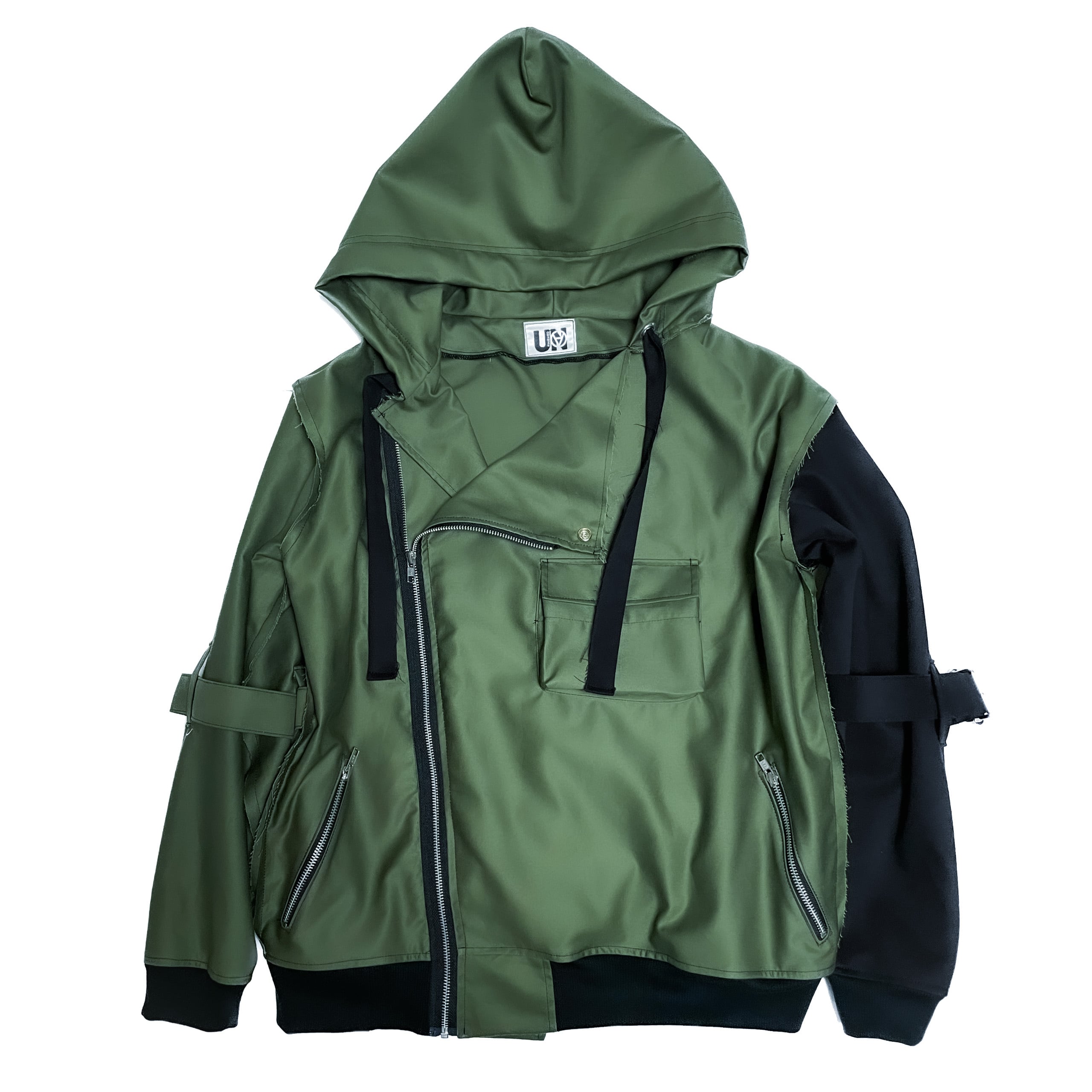 UNFINISHEDボンテージライダースパーカー カーキ×ブラック2023020