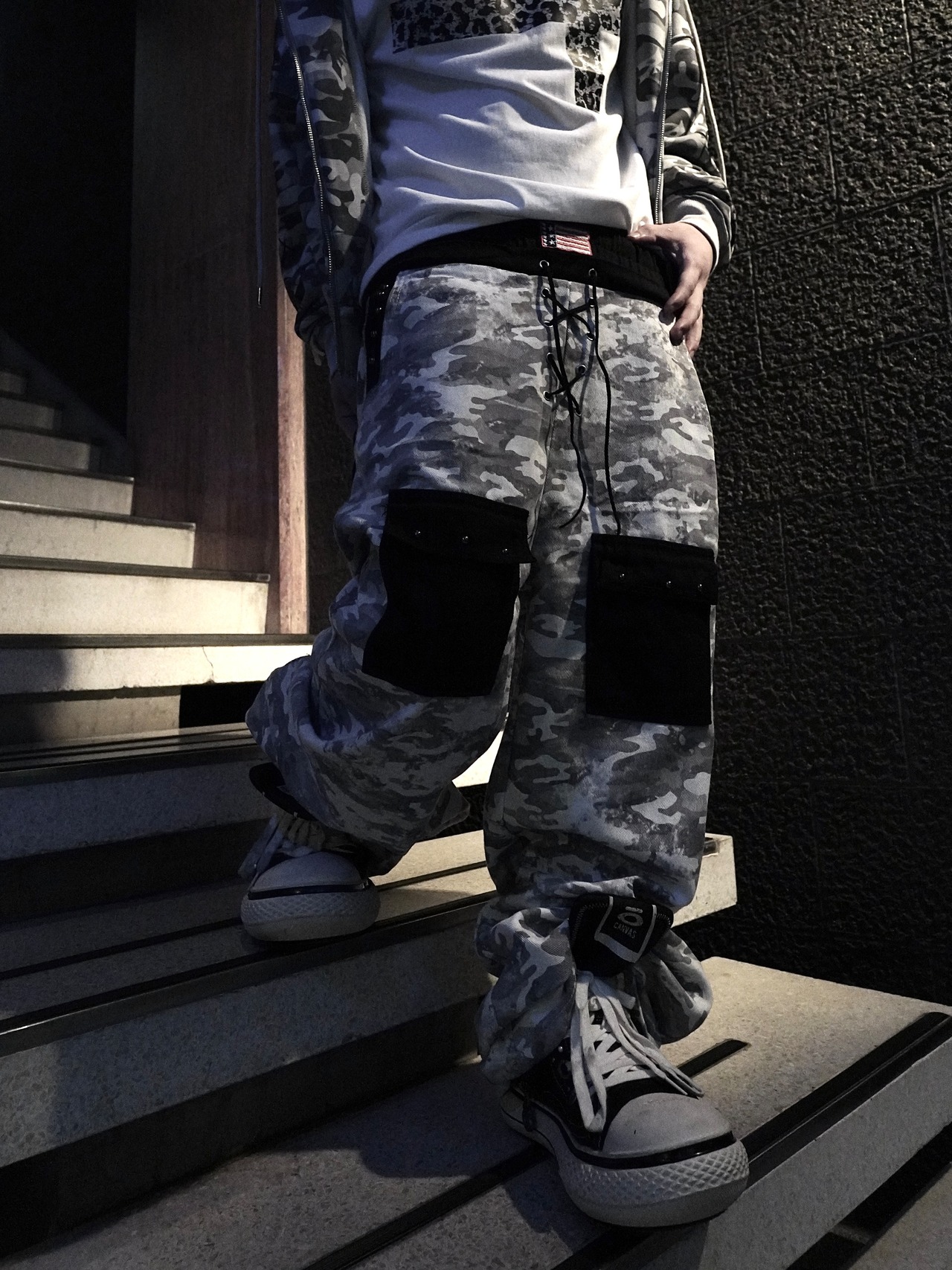 【PLANET STUDIO】Camo Lace Up Pocket Wide Pants