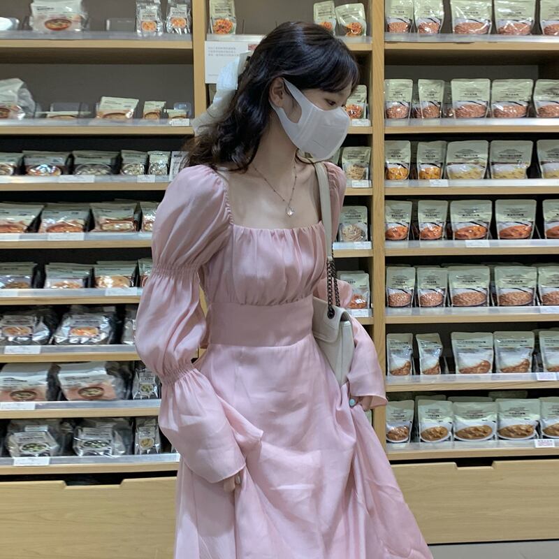 ロングドレス スプリングオータムホルタースカート ピンク 春物 秋物 スクウェア 試着室84653427069