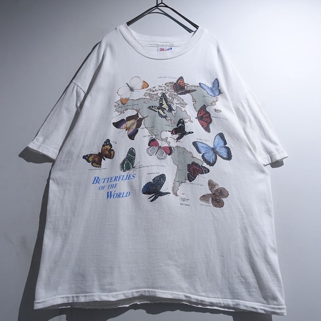 90s White "Butterflies of the World" White Butterfly Print T-Shirt