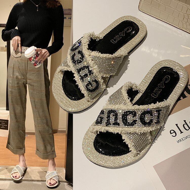 【新作】【送料無料】 eigntrade卸売夏の新しいスタイルのサンダルクロスメスネットレッドフラットボトムオールマッチラインストーンアウターウェアオープントゥフリップフロップ-アリババ 靴 シューズ サマー 夏物 10b619694400354