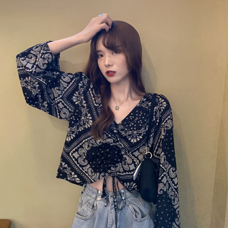 スタンダードシャツ レディーススプリングオータムVネックトップス レトロ 春物 秋物 試着室7052257887