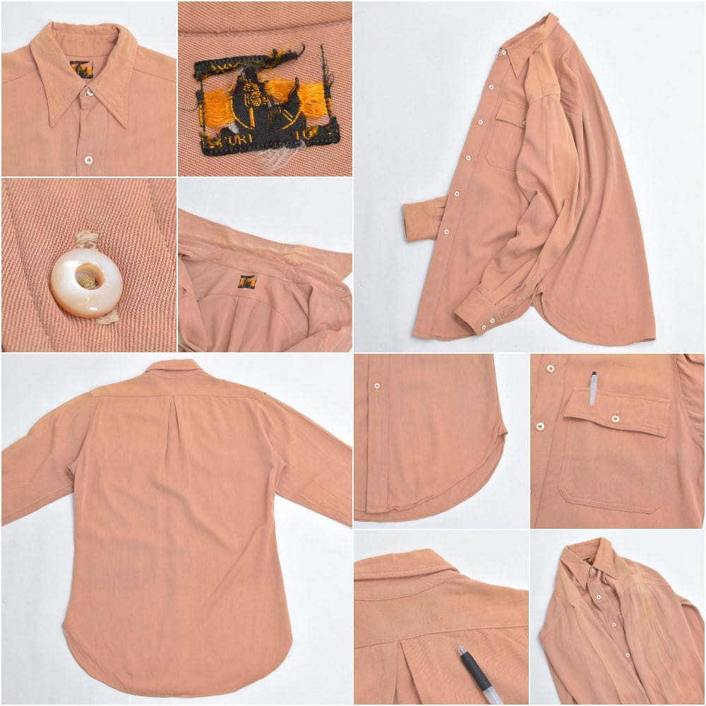 40～50s Vintage レーヨンシャツ マチ付き 長袖 ヴィンテージ ベージュ