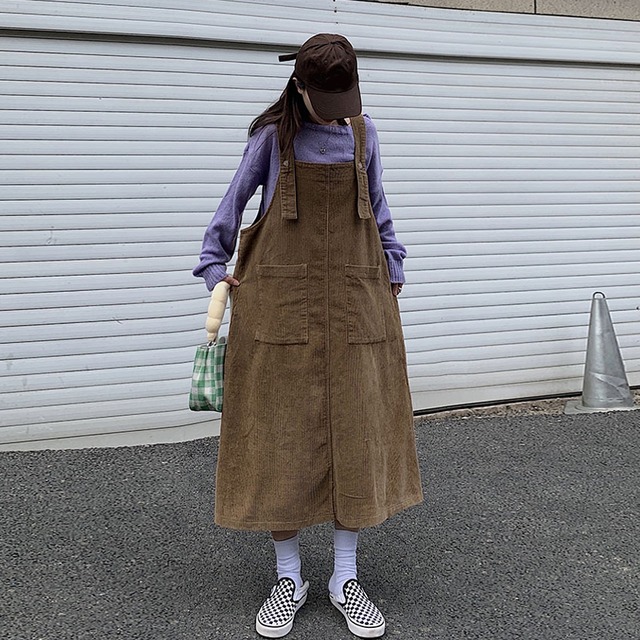 ワンピース ジャンパースカート ノースリーブ ロング丈 コーデュロイ シンプル 無地 大人カジュアル