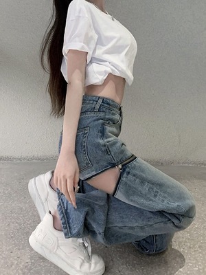 レディース デニムパンツ ファスナーデザイン カットアウト風 ストレートデニム 肌見せ 韓国ストリートファッション  人気 トレンド 新作 20代 30代 40代 シンプル お出かけ 普段着 ラフ カジュアル ゆったり 体型カバー 着痩せ 着回し 春 夏 秋 冬 CO3554
