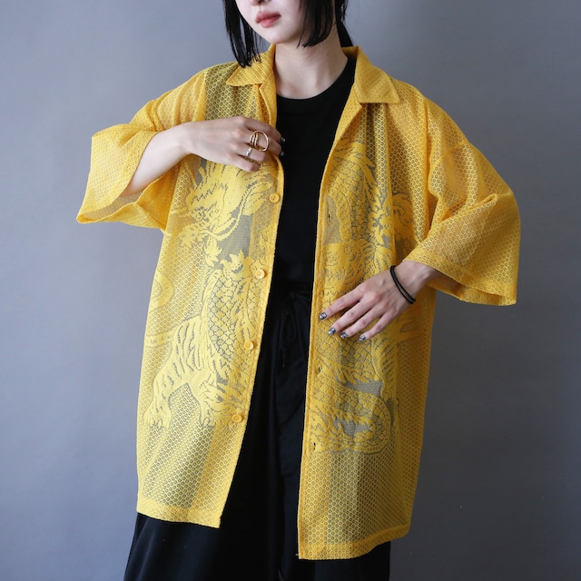 "龍×虎" good pattern over silhouette h/s see-through shirt