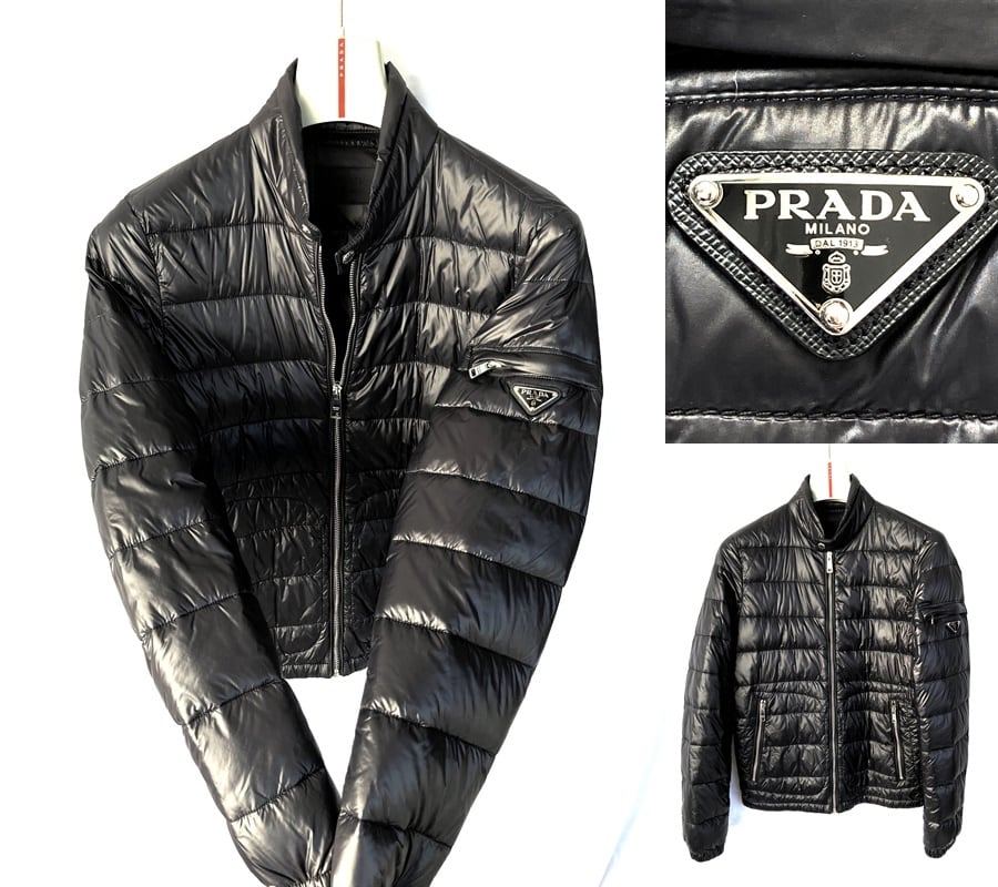 極美品　PRADA　プラダ　サフィアーノ ロゴプレート　ホワイトグース シャイニーブラック　ライダース ライト ダウン　メンズ 44 | brand  cross tokyo powered by BASE