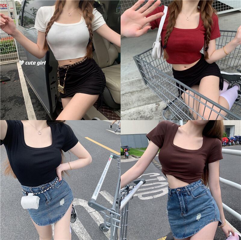 Tシャツ サマー薄手ショートスリムトップス 夏物 スクウェア ヨーロピアン ブラックストロベリース14061392536