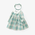 ブロックチェックの長袖ワンピース(ヘアバンド付き)