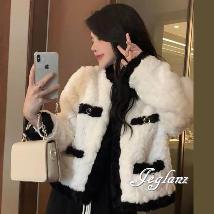 2色 ファー コート エコファー 短め丈 ジャケット 配色 リッチ感(M4970)φ