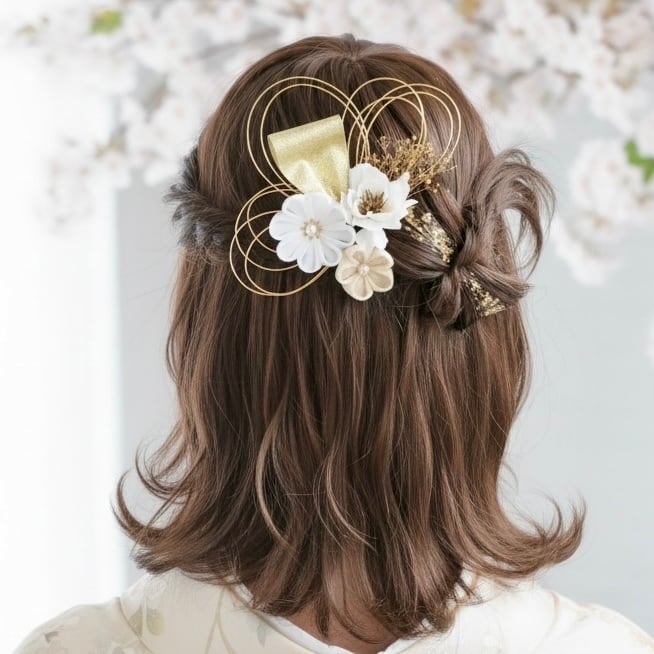 A615 つまみ細工 白 ゴールド 髪飾り 浴衣 成人式 卒業式 前撮り 結婚式 水引