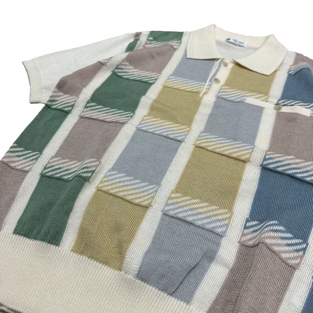 pastel linen knit check polo shirt / パステルリネンニットチェックポロシャツ 古着屋 四季