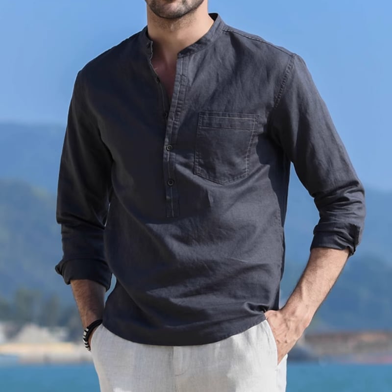 ロングスリーブ リネンシャツ スタンドカラー ポケット付き 5color KA1185