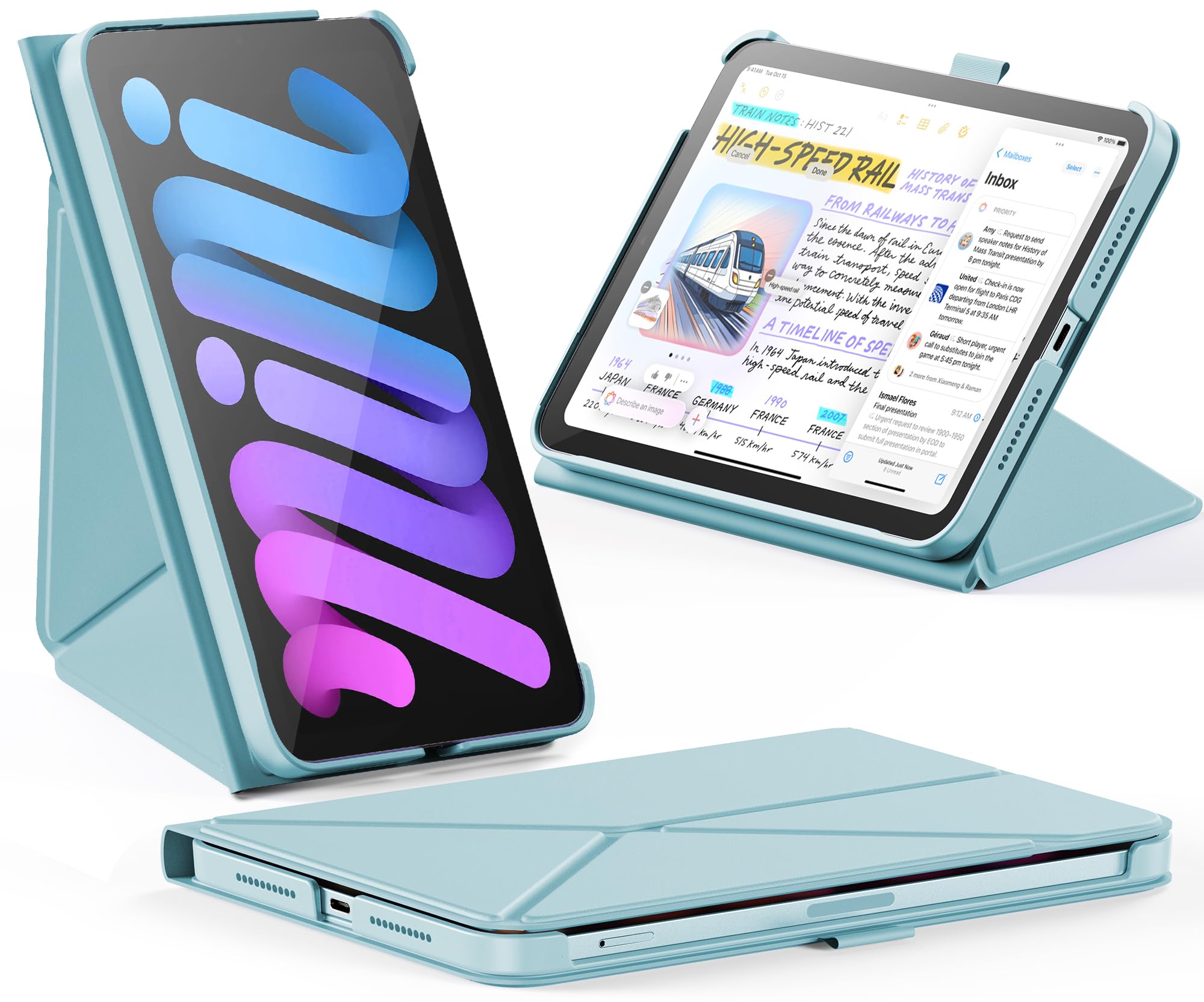 INFILAND ケース iPad Mini 7 (A17 Pro) 2024 / iPad Mini 6 2021 対応, スリム折りたたみ式ブックカバー, ペンホルダー付き, 多角度マグネットスタンド, オートスリープ/ウェイク機能付き保護ケース (スカイブルー)