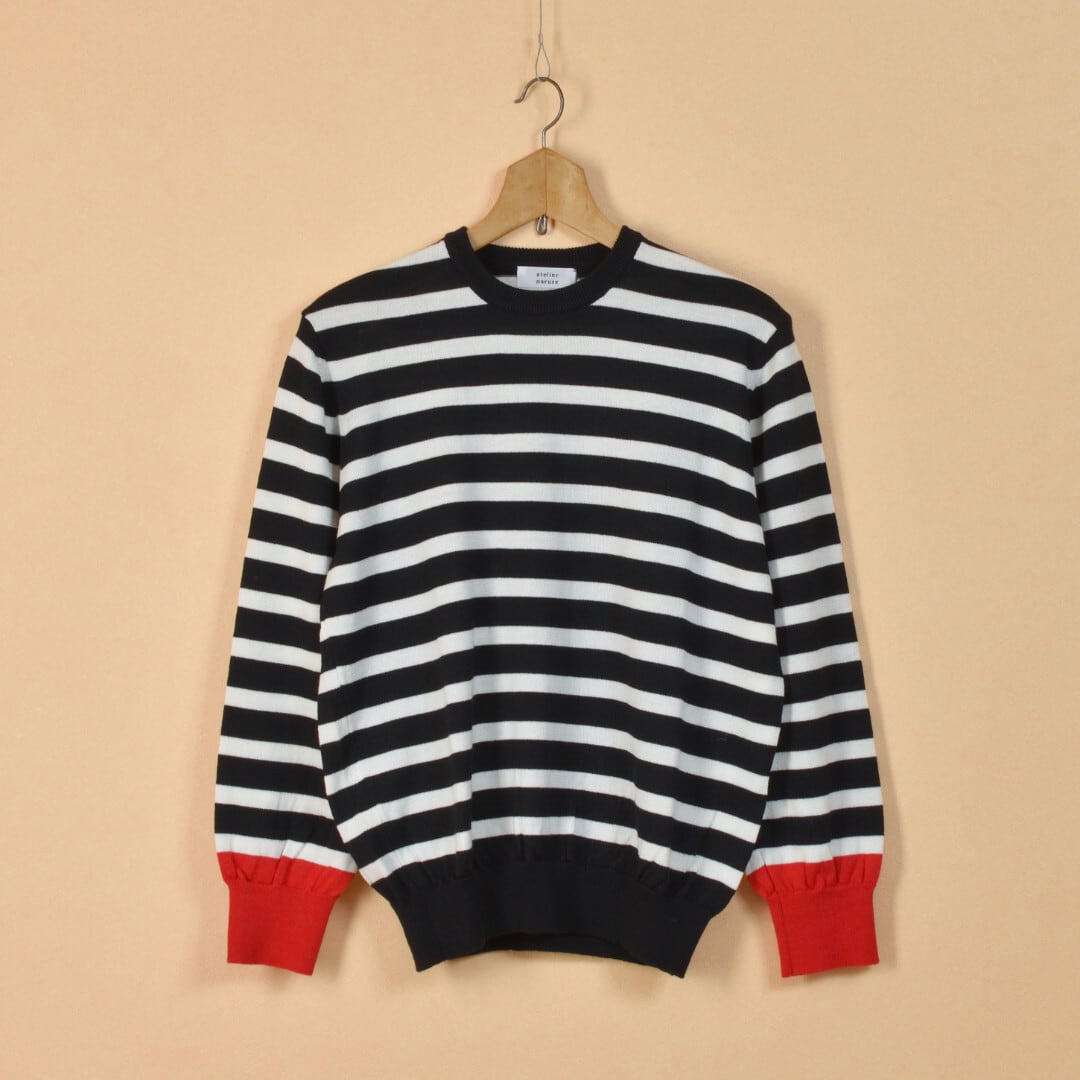 atelier naruse アトリエナルセ コットンウールボーダーニット・ブラック x レッド 袖口の配色がベーシックなボーダーニットのアクセント【送料無料】