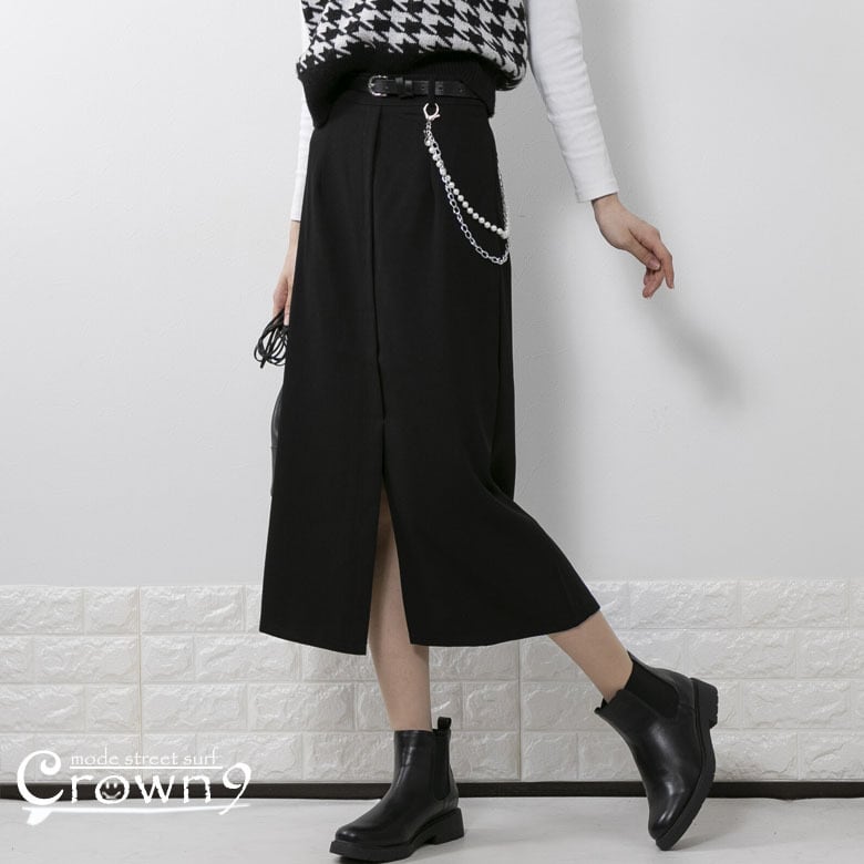 レディース ロング丈 スカート ベルト+ウォレットチェーン付 3点セット