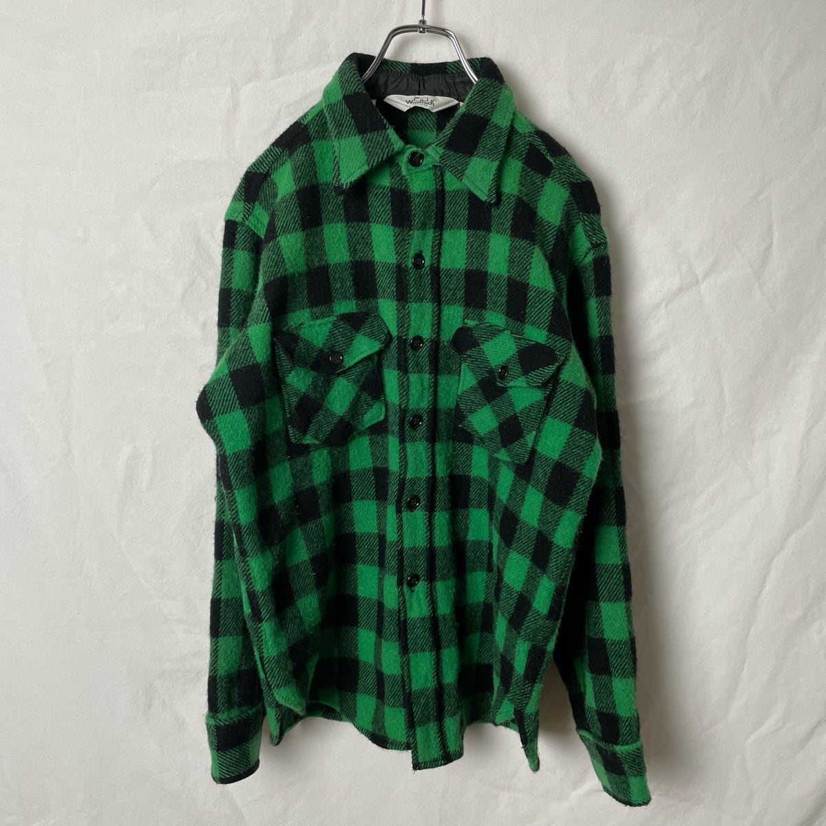 60s 70s Woolrich チェックシャツ ウールシャツ 長袖シャツ 緑 黒 グリーン ブラック ウールリッチ 古着 ヴィンテージ ビンテージ  60年代 70年代 旧タグ 白タグ バッファローチェック CPOシャツ CPOジャケット メンズL 23011002